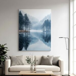 Misty lake landscape print on room wall decor.