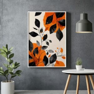 Abstract botanical boho print with white frame. Orange gray leaves. Harmonious home decor.