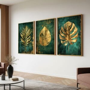 Abstract botanical triptych art in gold frames. Luxurious tropical wall art.
