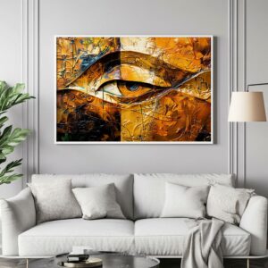 Abstract brass eye white framed print above the sofa