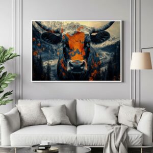 Abstract bull canvas art above sofa