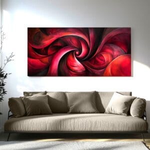 Abstract Burgundy Swirl Canvas Print displayed in a modern living room with neutral tones.