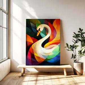 Abstract colorful swan art on the bench, illuminated by sun.