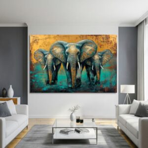 Large abstract elephant canvas art in modern interior.