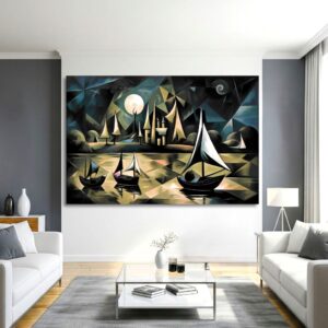 Large abstract fantasy landscape print in a modern interior setting.