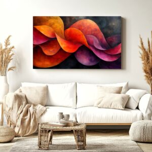 Abstract flowing colors print displayed in a neutral interior setting.