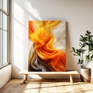 Abstract flowing silk print on bench, illuminated by sun.