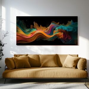 Abstract Fluid Color Waves Canvas Print displayed in a modern living room with minimalist furniture.