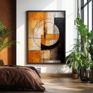 Abstract geometric canvas print in black frame with window shadow. Modern wall art.