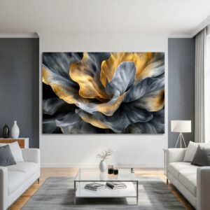 Large abstract gold petal canvas in a modern interior setting.