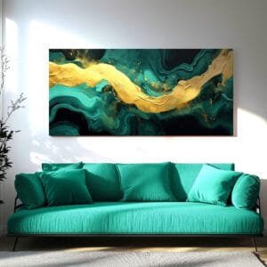Abstract Gold & Teal Fluid Canvas Print displayed above Teal sofa.