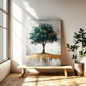 Abstract green gold tree print in hallway on the bench.