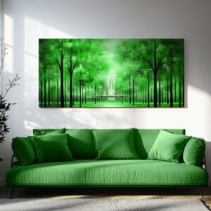 Abstract green park print hanging above a vibrant green sofa in a modern living room