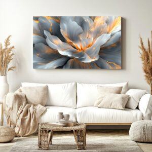 Abstract grey gold floral print in a neutral interior.