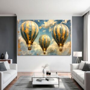 Large abstract hot air balloon print in a modern interior setting.