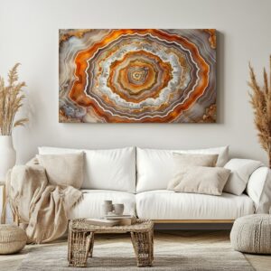 Agate slice print displayed in a neutral interior setting.