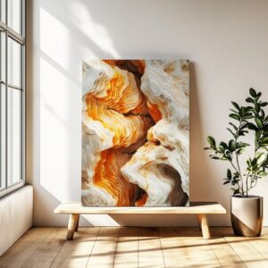 Amber Rock Flow Canvas hanging in a modern living room interior with warm earthy tones