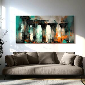 Ancient Ruins Canvas Print hanging in a contemporary interior with teal and orange tones