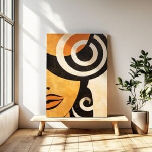 Art Deco woman portrait print on corridor wall, illuminated.