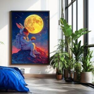 Astronaut rabbit space art in black frame near blue bedspread.