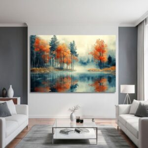 Large autumn forest lake print in a modern interior setting.