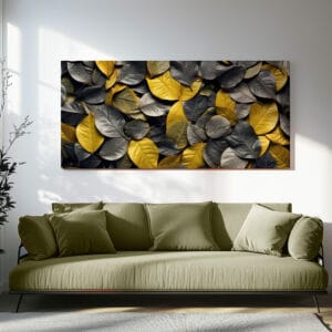 Autumn leaf texture print with black and gold foliage hanging above a modern sofa