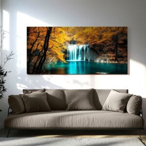 Autumn waterfall landscape print displayed in a cozy living room, bringing nature indoors.