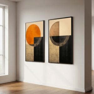 Bauhaus geometric abstract prints set of 2 in black frames, interior.