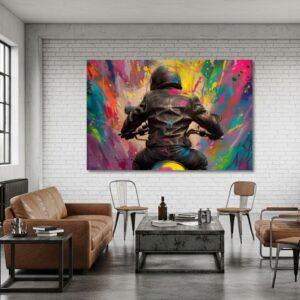 Biker abstract art print hanging on a white brick wall.