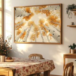 Birch forest fall canvas in gold frame, ideal for kitchen.