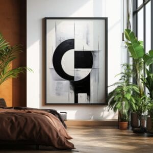 Black White Geometric Abstract Print in black frame, brown wall.