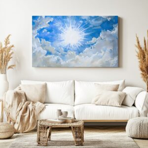 Bright sun rays cloud print displayed in a neutral interior setting.