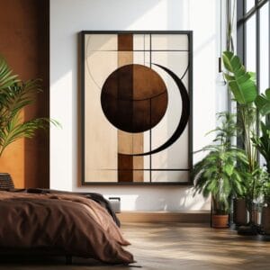 Brown abstract geometric print in black frame with window shadow. Modern wall art.