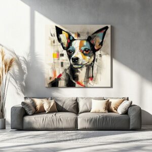 Abstract dog portrait on canvas print displayed in a stylish living room
