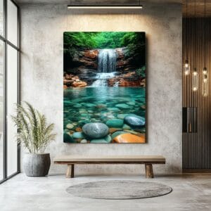 Clear waterfall pool print on hallway wall, illuminated by lamp.