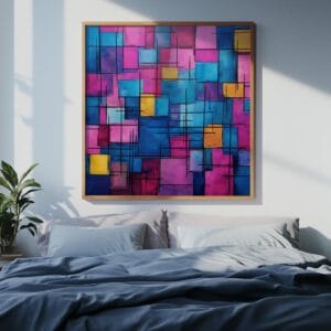 Gold-framed colorful abstract blocks print elevating a chic lounge interior.