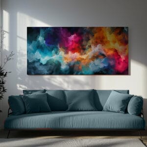 Colorful abstract smoke print hanging above a contemporary sofa