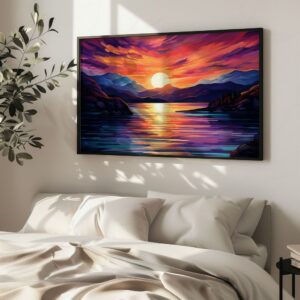Colorful lake sunset print in black frame for bedroom decor.