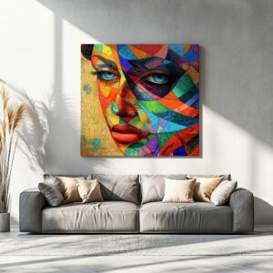 Colorful mosaic face canvas print displayed in modern living room