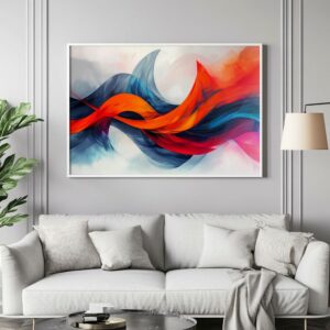 Colorful wave art print with white frame on grey wall above sofa.
