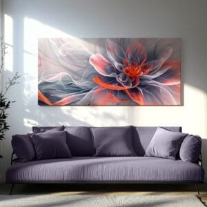 Coral gray flower print hanging above a minimalist sofa in a modern living room