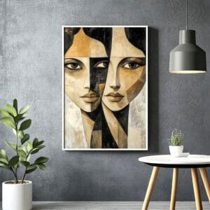 Cubist faces art print with white frame on grey wall. Abstract home art.