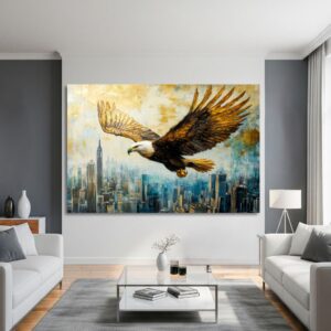 Large eagle city skyline print in a modern interior setting.