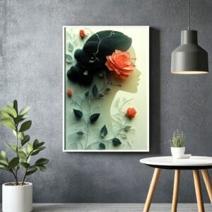 Elegant floral profile print with white frame on grey wall. Abstract home art.