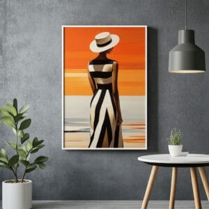 Elegant woman sunset view canvas with white frame on grey wall.