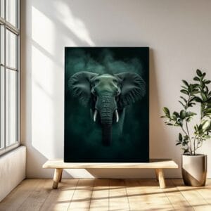 Elephant canvas print resting on bench. Unique wildlife decor.