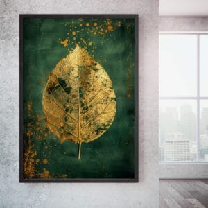 Emerald gold botanical print in black frame. Hallway wall art for contemporary space.