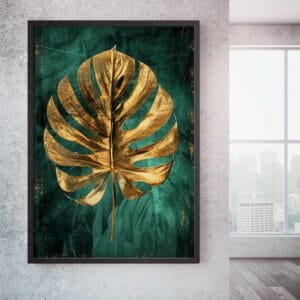 Emerald gold monstera print in black frame. Hallway wall art for contemporary space.