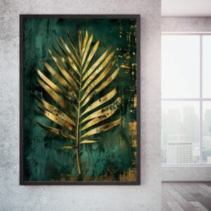 Emerald gold palm print in black frame. Hallway wall art for contemporary space.
