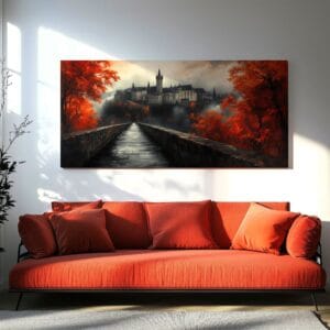 Enchanted Castle Bridge Canvas Print displayed in a rustic-chic living room.